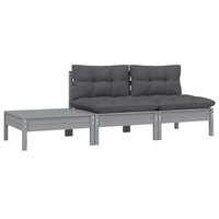 3-delige Loungeset met kussens massief grenenhout grijs 2
