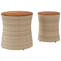Tuinbijzettafels 2 st met houten blad poly rattan beige 6