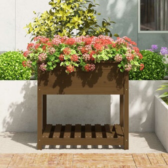 Plantenbak met schap 82,5x82,5x81 cm grenenhout honingbruin