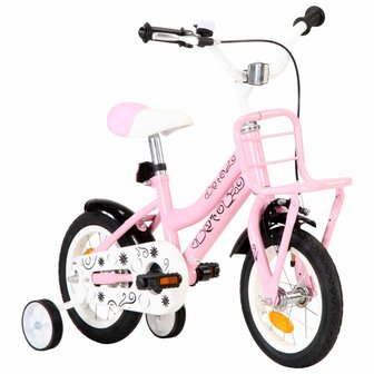 Kinderfiets met voordrager 12 inch wit en roze