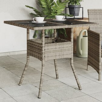 Tuintafel met glazen blad 80x80x75 cm poly rattan grijs 8721012264489 1