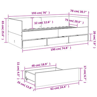 Slaapbank met lades 75x190 cm bewerkt hout gerookt eikenkleurig 8721102624896 10