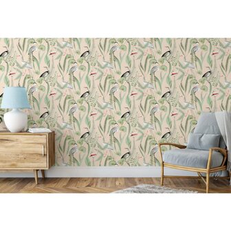 DUTCH WALLCOVERINGS Behang Flamingo cr&egrave;me- en mintkleurig 3294270374030 3