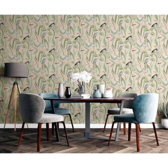 DUTCH WALLCOVERINGS Behang Flamingo cr&egrave;me- en mintkleurig 3294270374030 4