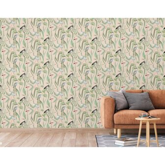 DUTCH WALLCOVERINGS Behang Flamingo cr&egrave;me- en mintkleurig 3294270374030 5