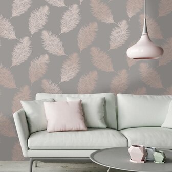DUTCH WALLCOVERINGS Behang Fawning Feather grijs en ros&eacute;goudkleurig 5022976126299 4