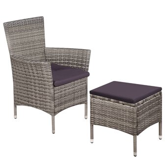 Tuinstoel en kruk met kussens poly rattan grijs 1