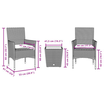 3-delige Bistroset met kussens poly rattan en glas beige 7