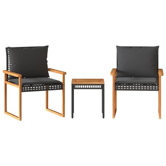 3-delige Bistroset met kussens poly rattan en acaciahout zwart 2