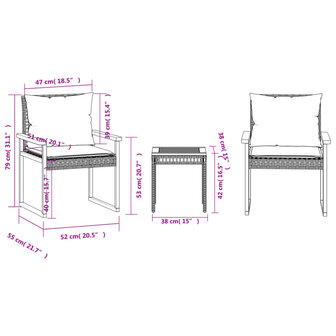 3-delige Bistroset met kussens poly rattan en acaciahout zwart 11
