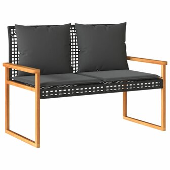 Tuinbank met kussen poly rattan en acaciahout zwart 2