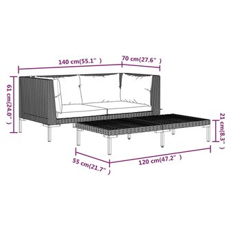 3-delige Loungeset halfrond poly rattan donkergrijs 11