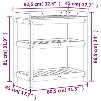 Oppottafel met schappen 82,5x45x86,5 cm grenenhout bruin 10