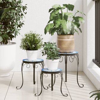 Plantenstandaards 3 st keramiek blauw en wit 1