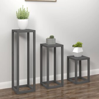 3-delige Plantenstandaardset massief grenenhout grijs 3