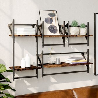 4-delige Wandschappenset met stangen bewerkt hout gerookt eiken 1