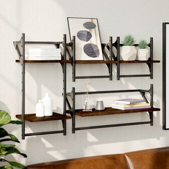 4-delige Wandschappenset met stangen bewerkt hout bruineiken 1