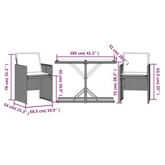 3-delige Bistroset met kussens poly rattan grijs 11