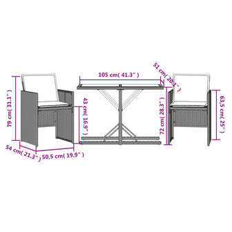 3-delige Bistroset met kussens poly rattan bruin 11