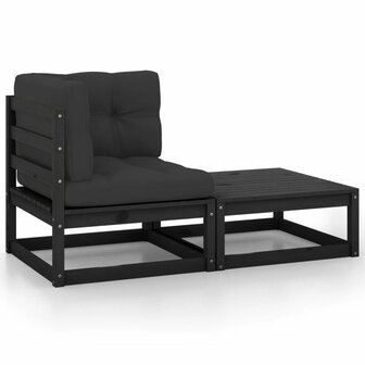 2-delige Loungeset met kussens massief grenenhout zwart 1