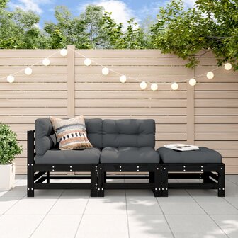 3-delige Loungeset massief grenenhout zwart 1