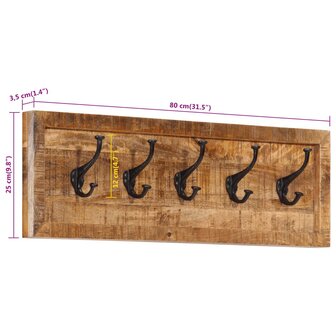 Wandkapstok met 5 haken massief mangohout 7