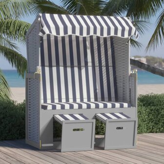 Strandstoel met luifel poly rattan en massief hout blauw en wit 1