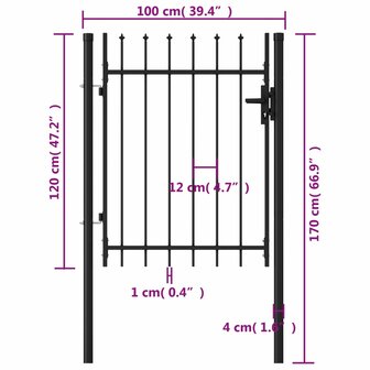 Poort met puntige bovenkant enkel 1x1,2 m staal zwart 5