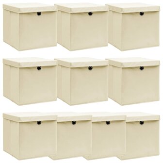 Opbergboxen met deksel 10 st 32x32x32 cm stof cr&egrave;mekleurig 1