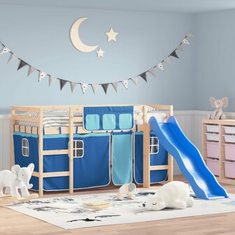 Kinderhoogslaper met gordijnen 80x200 cm grenenhout blauw 1