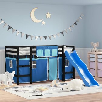 Kinderhoogslaper met gordijnen 90x200 cm grenenhout blauw 1