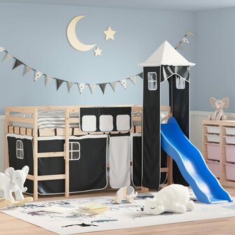 Kinderhoogslaper met toren 80x200 cm grenenhout wit en zwart 1