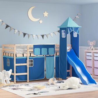 Kinderhoogslaper met toren 80x200 cm massief grenenhout blauw 1