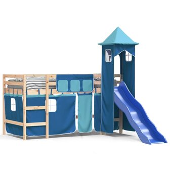 Kinderhoogslaper met toren 80x200 cm massief grenenhout blauw 2