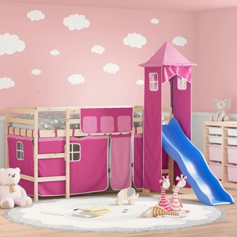 Kinderhoogslaper met toren 80x200 cm massief grenenhout roze 1