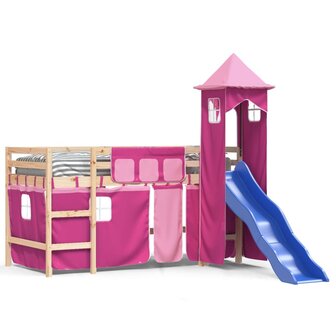 Kinderhoogslaper met toren 80x200 cm massief grenenhout roze 2