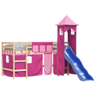 Kinderhoogslaper met toren 80x200 cm massief grenenhout roze 3