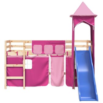 Kinderhoogslaper met toren 80x200 cm massief grenenhout roze 5