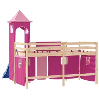 Kinderhoogslaper met toren 80x200 cm massief grenenhout roze 7