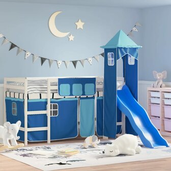 Kinderhoogslaper met toren 80x200 cm massief grenenhout blauw 1