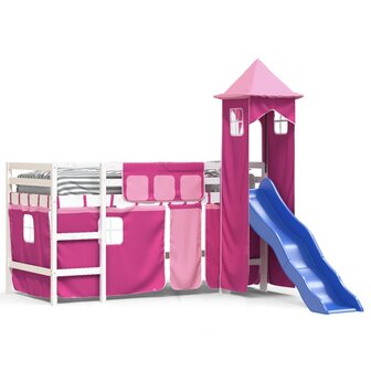 Kinderhoogslaper met toren 80x200 cm massief grenenhout roze 2