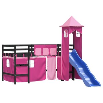 Kinderhoogslaper met toren 80x200 cm massief grenenhout roze 4