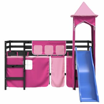Kinderhoogslaper met toren 80x200 cm massief grenenhout roze 5