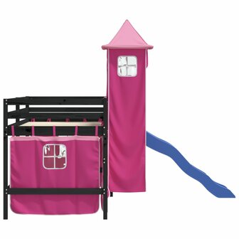 Kinderhoogslaper met toren 80x200 cm massief grenenhout roze 6