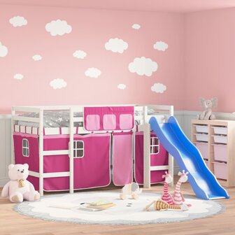 Kinderhoogslaper met gordijnen 80x200 cm grenenhout roze 1