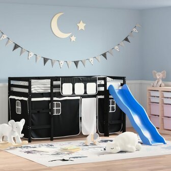 Kinderhoogslaper met gordijnen 90x190 cm grenenhout wit zwart 1