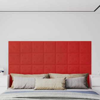Wandpanelen 12 st 1,08 m&sup2; 30x30 cm kunstleer wijnrood 1