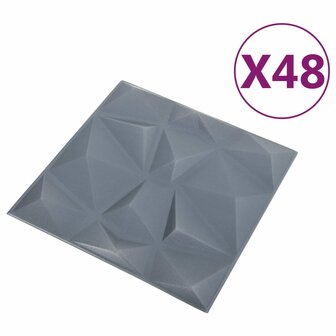 48 st Wandpanelen 3D diamant 12 m&sup2; 50x50 cm grijs 3