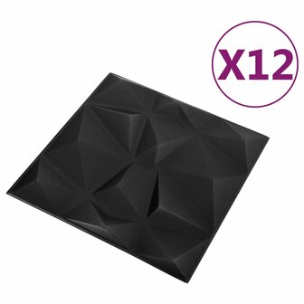 12 st Wandpanelen 3D diamant 3 m&sup2; 50x50 cm zwart 3