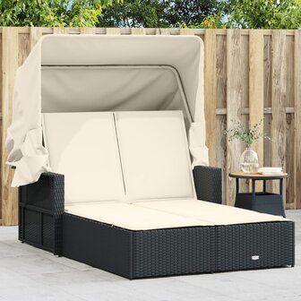 Ligbed 2-persoons met luifel en kussens poly rattan zwart 1